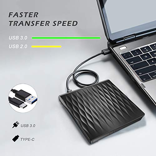 External CD DVD Drive, USB 3.0 Slim Portable External CD DVD Rewriter Burner Writer, High Speed Data Transfer USB Optical Drive for PC Desktop/Laptop/Linux/Mac OS/Windows 10/8/7/XP(Black)