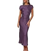 Gmeitoey 2025 Satin Cap Sleeve Cowl Back Summer Dresses for Women Elegant Ruched Waist Wedding Guest Midi Dress Grape