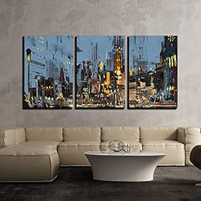 3 Piece Canvas Wall Art - Digital Painting of City at Night with Colorful Lights. - Modern Home Art Stretched and Framed Ready to Hang - 16"x24"x3 Panels