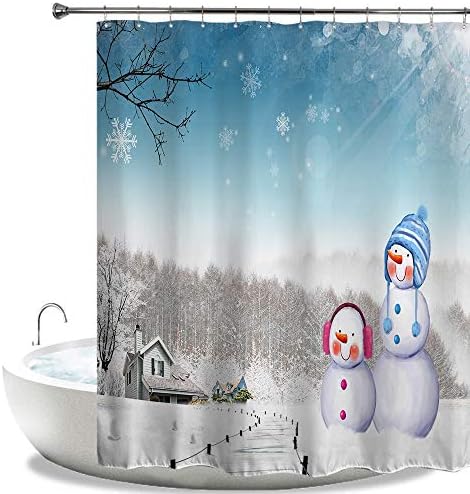 HIYOO Christmas Xmas New Year Winter Theme Shower Curtain for Bathroom Decorations, Waterproof Polyester Fabric, Vibrant Colors, Soft to Touch 60" W x 72" H - Snowman Light The Road