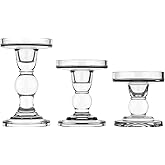 Lewondr Glass Candle Holders, 3 Pieces Crystal Clear Candlesticks with Elegant Design for Pillar Taper Candle and Tea Light, Home Table Living Room Wedding Party Decorations Home Décor - Clear