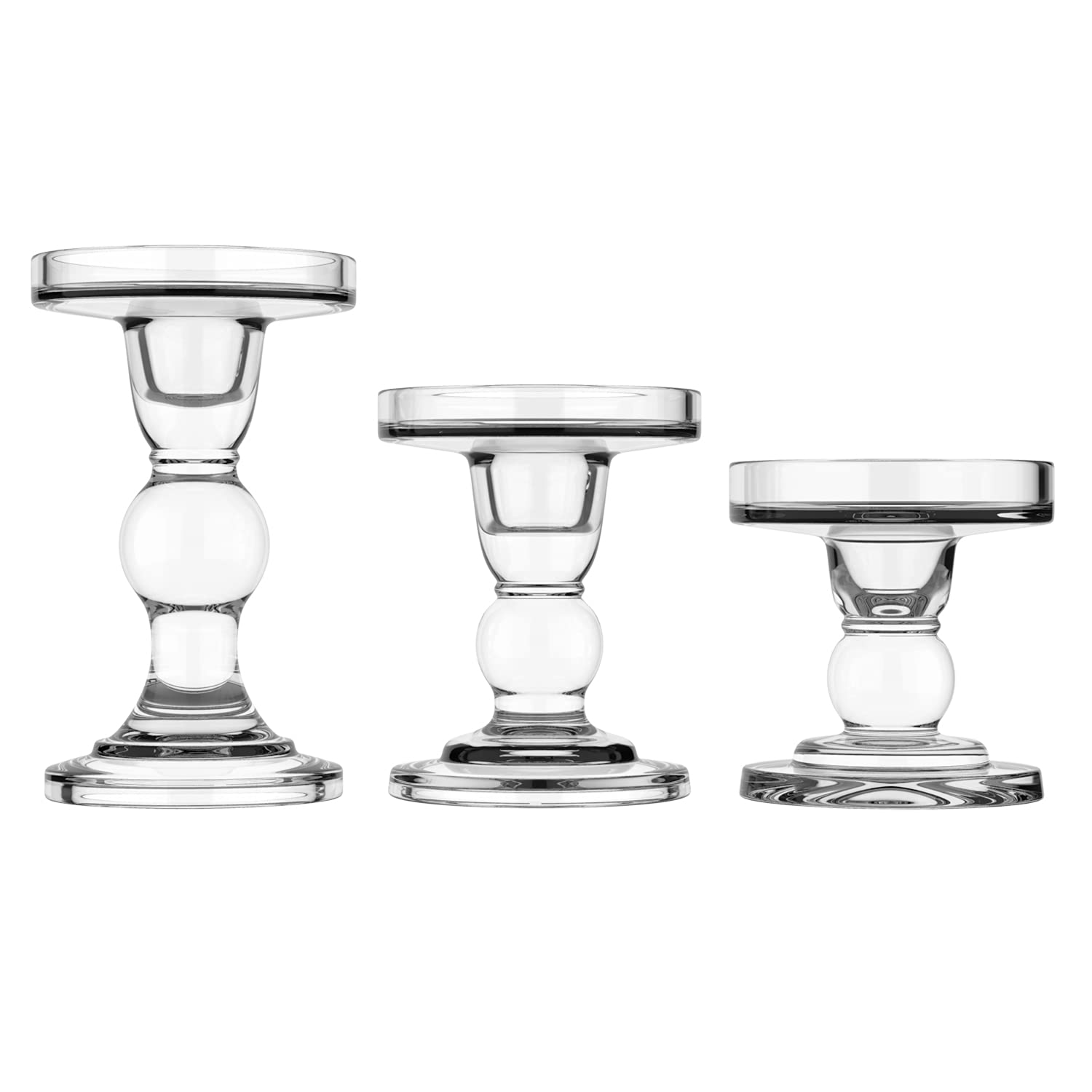 Lewondr Glass Candle Holders, 3 Pieces Crystal Clear Candlesticks With Elegant Design for Pillar Taper Candle and Tea light, Home Table Living Room Wedding Party Decorations Home Décor - Clear