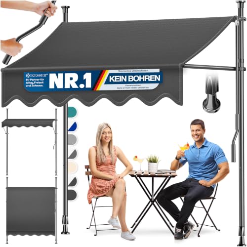 KESSER® Sonnenschutz Markise manuell ausziehbar 200cm | Sonnensegel UV Schutz Sonnenschutz | Klemmmarkise für Outdoor, Terrasse, Balkon, Garten höhenverstellbar