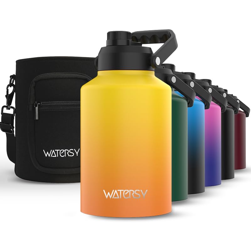 Photo 1 of WATERSY 1 Gallon Water Bottle Insulated(Cold for 48 Hrs),BPA Free&Leak Proof,128oz Stainless Steel Water Jug,Big thermo,Large Water Bottle with Handle for Gym,Hiking,Camping&Travel,Gradual Yellow
