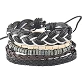 MJartoria Unisex PU Leather Hemp Cords Beaded Multi Strands Adjustable Wrap Bracelets Set of 5 Black