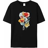 Women Graphic T-Shirt, Abstract Watercolor Poppies Classic-Fit Short Sleeve Crewneck Tees Summer Tops Black L
