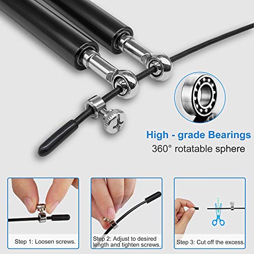 YZLSPORTS Professional Adjustable Steel Wire Jump Rope with Carrying Pouch by Fitness Factor Ergonomic,Durable,Easy to Adjust Premium Jump Rope All Heights and Skill Levels (Black Alloy)
