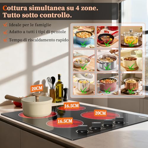 Karinear 4 Burner Glass Ceramic Hob, 6000W Electric Hob 60 cm with Knob, Black Electronic Hobs, Automatic Shut-Off, Crystal Glass