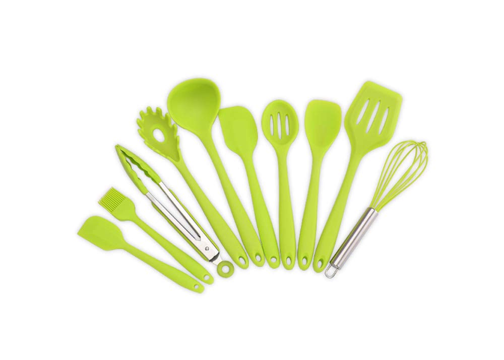 Kitchen Utensils Silicone Heat Resistant Cooking Non-Stick Kitchen Utensil Set 10 Piece Cooking Set Kitchen Tools Turner, Whisk, Spoon,Brush,spatula, Ladle Slotted turner Tongs Pasta Fork(Green)