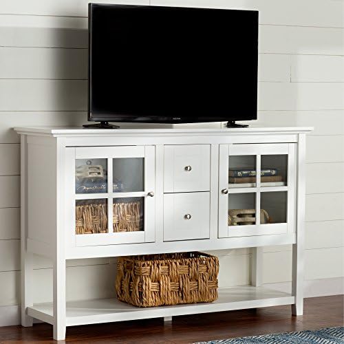 Media Console Table With Storage - Large Glass Doors TV Stand - Entertainment Center or Sideboard - This Piece Of Furniture Is Multipurpose (White)