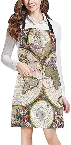 Vintage Old World Map Adjustable Kitchen Chef Bib Apron with Pocket for Cooking, Baking, Crafting, Gardening