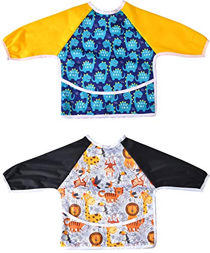 2 Pack Long Sleeved Bib Waterproof Bibs with Pocket, 6 to 24 Months Baby Girl and boy Bib (Dinosaur & Animal) - Thumbnail 6