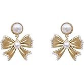 Dainty Pearl Bow Earrings for Women Gold Bow Dangle Earrings Vintage Pearl Stud Earrings Statement Earrings Birthday Jewelry for Women