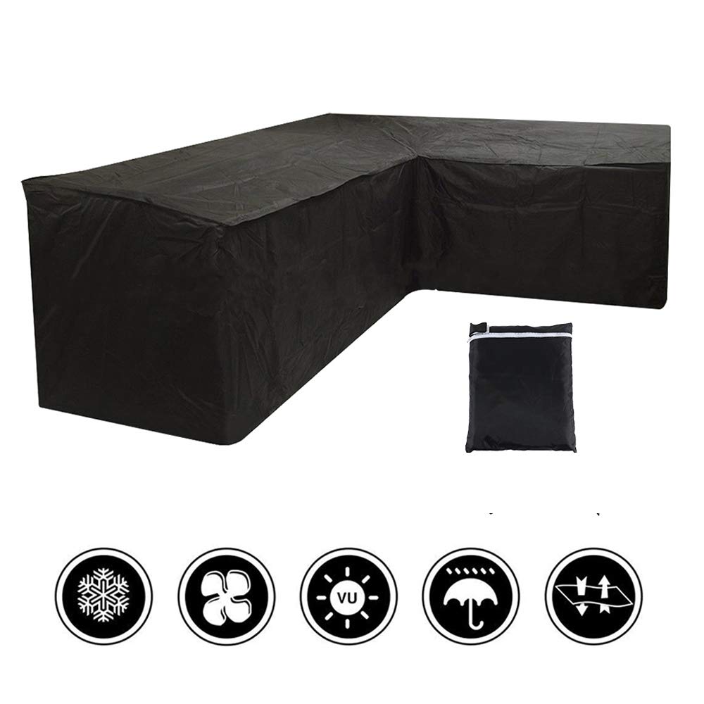 L Shaped Garden Furniture Covers Waterproof Heavy Duty Windproof L Shaped Sofa Cover Outdoor Corner Sofa Covers Patio Rattan Corner Sofa Furniture CoverWith Storage Bag 300x300x98cm Black