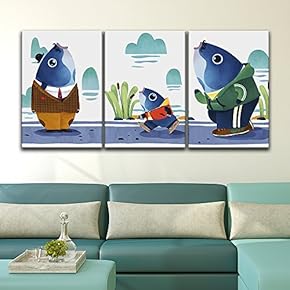 3 Panel Canvas Wall Art - Watercolor Style Cartoon Mr Fish - Giclee Print Gallery Wrap Modern Home Art Ready to Hang - 16"x24" x 3 Panels