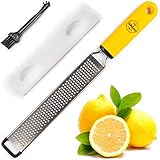 Lemon Zester & Cheese Grater Stainless Steel – Antibacterial Cover Blade, Ergonomic Non-Slip Silicone Handle, Professional Zesting Tool, BONUS Cleaning Brush - YELLOW