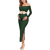 AISWI Maternity Mesh Split Dress Off The Shoulder Ruched Bodycon Pregnancy Dresses Baby Shower Photoshootc