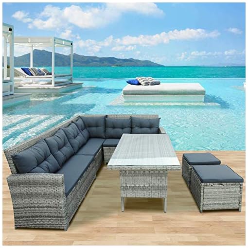 Merax 6 Piece Patio Dining Sets Pe Rattan Sectional Outdoor Patio Furniture Wicker Sofa With 2 Stools Tempered Glass Table Cushions Grey Beachfront Decor