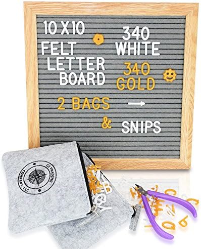 Gray Felt Letter Board 10x10 Changeable Message Board Sign with 680 White - Gold Letters and Emoji | FREE Snips and 2 Zippered Storage Bags | Photography Prop