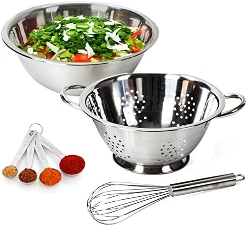 Stainless Steel Colander Set - 7 Piece Set - Heavy Duty Mixing Bowl, Strainer with Handles, Whisk, Variety of Measuring Spoons - Christmas Home Gifts - By Colleta Home