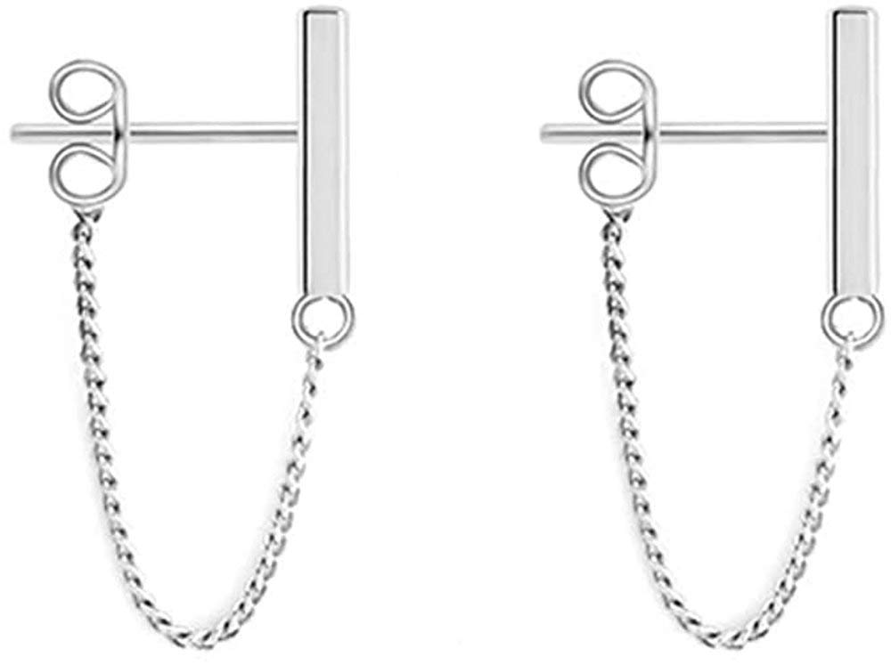 925 Minimalist Bar Earrings with Sterling Silver Tassel Chain Drop Dangle Earring for Women Girls Charms Fashion Punk Pierced Studs Hypoallergenic Jewelry Birthday Christmas Gifts for Best Friends