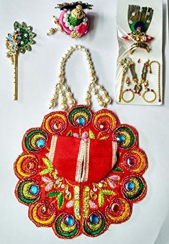 trend fashion Indian Handmade Laddu Gopal Dress Art Silk Krishna Poshak Deity Statue Clothes 2 Mukuts, Mala,Shringar Deity Size 5 to 6 Inches (Orange)