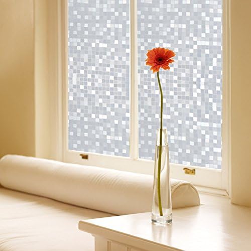 No Adhesive 3D Mosaic Privacy Sun Reflect Window Clings Film Bathroom Office Kitchen Check Light Protection UV Anti No Glue Frosted Decorative Glass Door Film,17.7 x 78.7 Inches(45CM by 200CM)