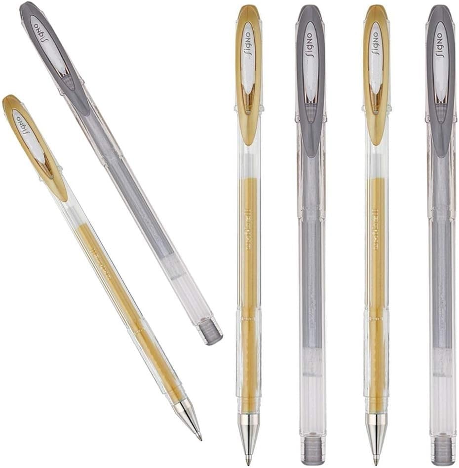 6 x Uni Ball Gold and Silver Colour Ultra-Smooth Metallic Gel Ink Pens for Writing, Drawing, Colouring - (OEM Packed - Non-Retail Packaging)