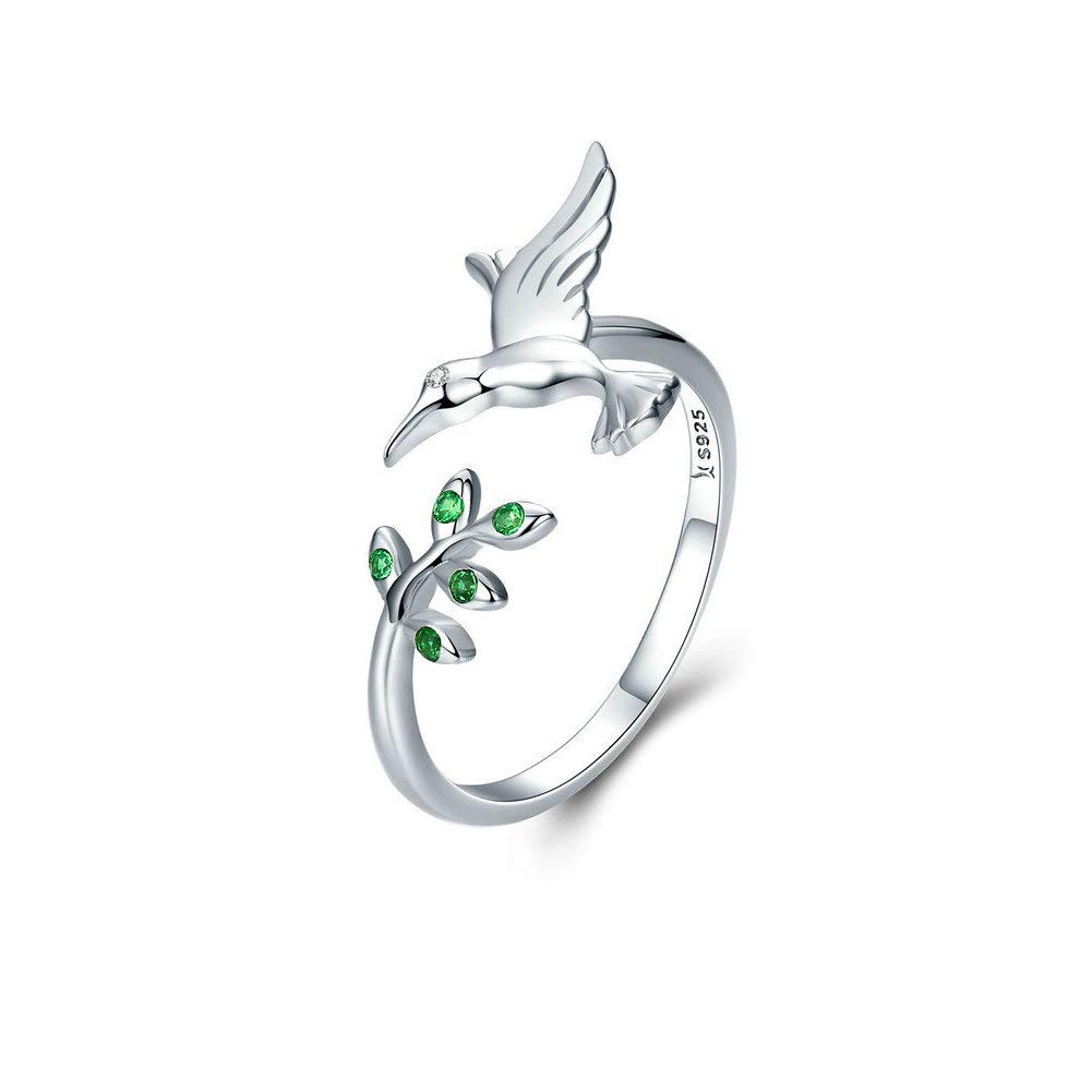S925 Sterling Silver Hummingbird Open Finger Rings Green Crystal CZ Adjustable Expandable Band Ring for Women Girls