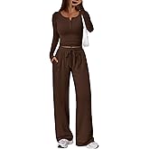 Trendy Queen Women's 2 Piece Matching Lounge Sets Long Sleeve Henley Neck Slightly Crop Top Wide Leg Pants Casual Sweat Suit