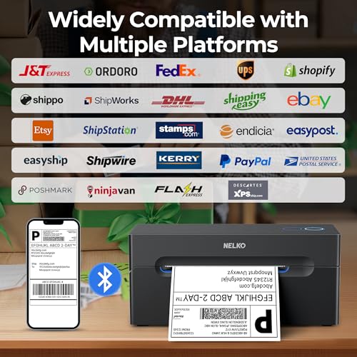 Nelko Bluetooth Thermal Shipping Label Printer, Wireless 4x6 Shipping Label Printer for Shipping Packages, Support Android, iPhone and Windows, Widely Used for Amazon, Shopify (Black)