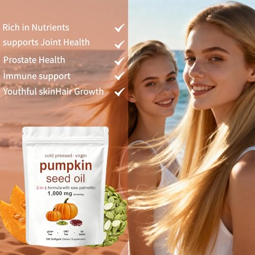 KITABIO Pumpkin Seed Oil Capsules | Pumpkin Seed Oil with Saw Palmetto - Cold-Pressed | Easy-to-Swallow Softgels – Resealable Package | Non-GMO - 180 Pc/1 Bag (Z-1)