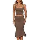 CHYRII Womens Two Piece Sets Sleeveless Squre Neck Cropped Top Bodycon Midi Skirt Midi Dress Outfit