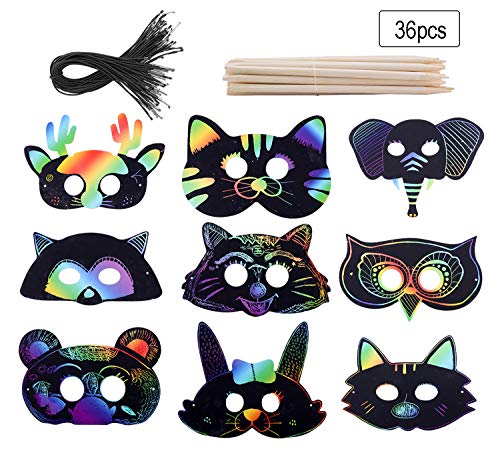 Fashionclubs Scratch Art Paper Rainbow Scratch Animal Masks,Owl Rabbit Tiger Wolf Bear Squirrel Fox Elk Elephant 36pcs Magic Scratch Paper Masks with Elastic Cords&Wooden Styluses for Kids Dress Up Costume Party Favors - Thumbnail 7