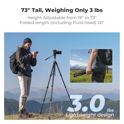 K&F CONCEPT 73” Camera Tripod with Fluid Head, Aluminum Travel Tripod for Video, Smooth Pan/Tilt for DSLR Mirrorless Camcorder, Max Load 6.6lb, for Live Streaming Vlog & Spotting Scope
