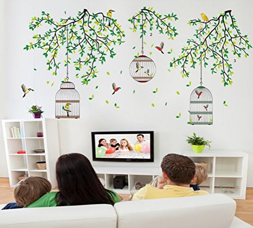 Funif Tree and Birdcage Wall Sticker Decals DIY Removable Wall Mural Wallpaper for Home Decoration Green 23.6" X 35.4"