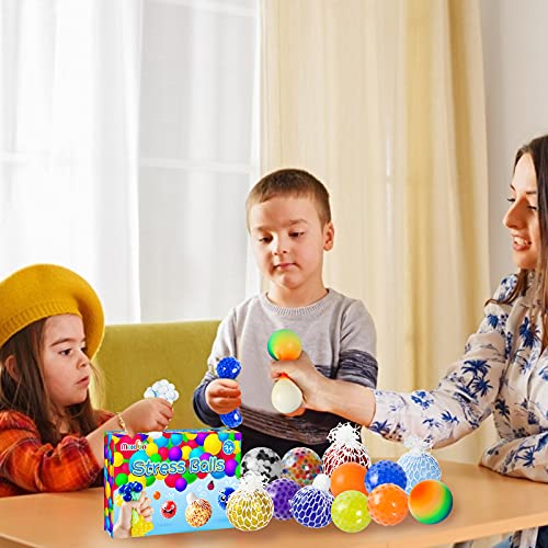 Max Fun 12 Pack Stress Ball Water Beads Sensory Fidget Toys - Mesh Ball Fidget Stress Balls for Adults Kids Stress Relief Gifts ADHD Squeezing Ball Improve Focus