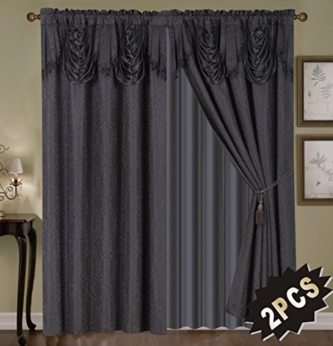 Luxury Embroidered Curtain Set. 4 Piece Black Drapes with Backing & Valance & Tie Backs