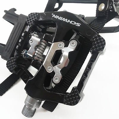 SCHWINN MAGNESIUM SPD CLIP PEDALS w/ CLEATS, TOE CLIPS, AND STRAPS - OUTDOOR OR INDOOR CYCLING - 9/16"