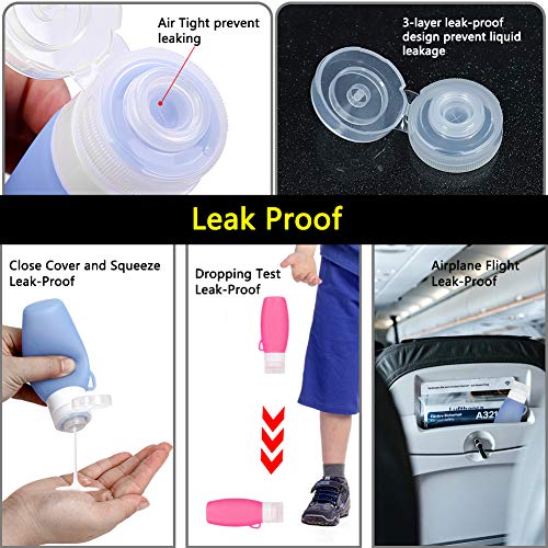 Leak Proof Travel-Bottles TSA Approved Containers, 3oz Squeeze Silicone Travel Size Toiletries Accessories, Empty Refillable bottles for Shampoo Conditioner Lotion Soap Liquids, Clear Toiletry Bag