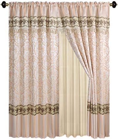 Luxury Jacquard Curtains beige window panels with backing, valance and tie backs- Emma D122 (Beige)
