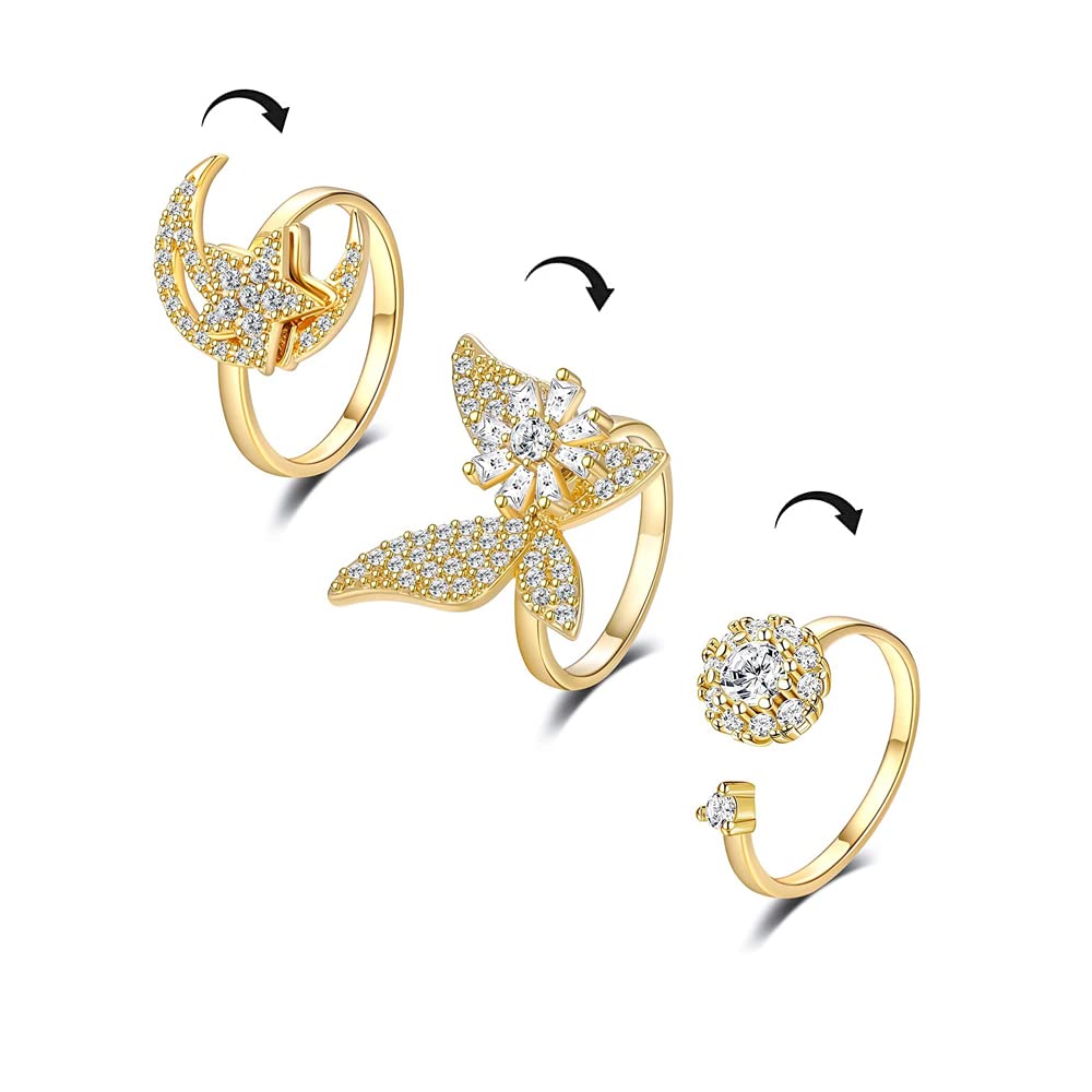 CZ Butterfly Moon Star Flower Spinner Fidget Ring for Women Girls Rotate Anxiety Freely Inspirations Worry Meditation Adjustable Stacking Ring Birthday Fashion Gifts Daughter Girlfriend 3 PCS (Gold)