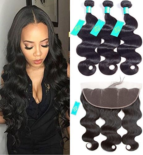 KONGHUI HAIR Peruvian Body Wave Hair 3 Bundles with Lace Frontal Closure 100% Unprocessed Human Hair Bundles with Frontal Pre Plucked Frontal with Baby Hair Natural Color  (14 16 16 with 12 frontal)