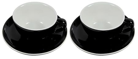 2 dickwandige Cappuccino-Tassen mit Untertassen aus Porzellan in schwarz