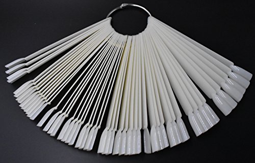 2 Sets 100 Tips Fan Shape White Plastic Nail Art Tips Display Polish Board Display Practice Sticks with Metal Split Ring Holder