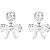 Kokoma Crystal Bow Dangle Earrings for Women 925 Sterling Silver Post Cubic Zirconia Pearl Bow Knot Stud Earrings Dainty Ear Jewelry