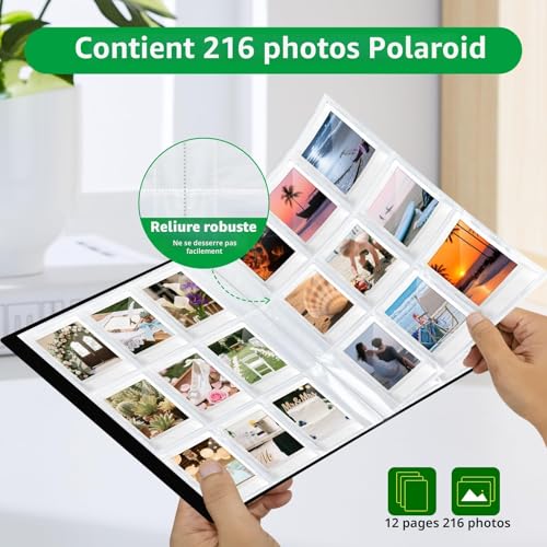 FRETONBA Photo Album for Polaroid Film Suitable for Photos 6 x 9 cm, Traditional Photo Album for Instax Mini Photograph with 216 Pockets, Large Slip in Photo Book with Front Window, Black