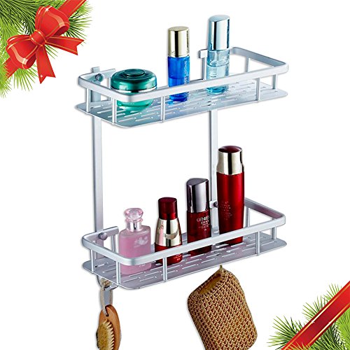 Click Here to See More Images Christmas Gift Anti-Rust Aluminum 2-Tier Wall Mount Bathroom Shelf Organizer with Hooks 12†x 5†x 14†Heavy Duty Shower Shelf Basket Caddy Storage for Bedroom Kitchen and Hardware Included – Silver
