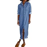 chouyatou Women's Spring Long Sleeve Button Down Denim Shirt Dress Lapel Distressed Midi Long Jean Shift Dress
