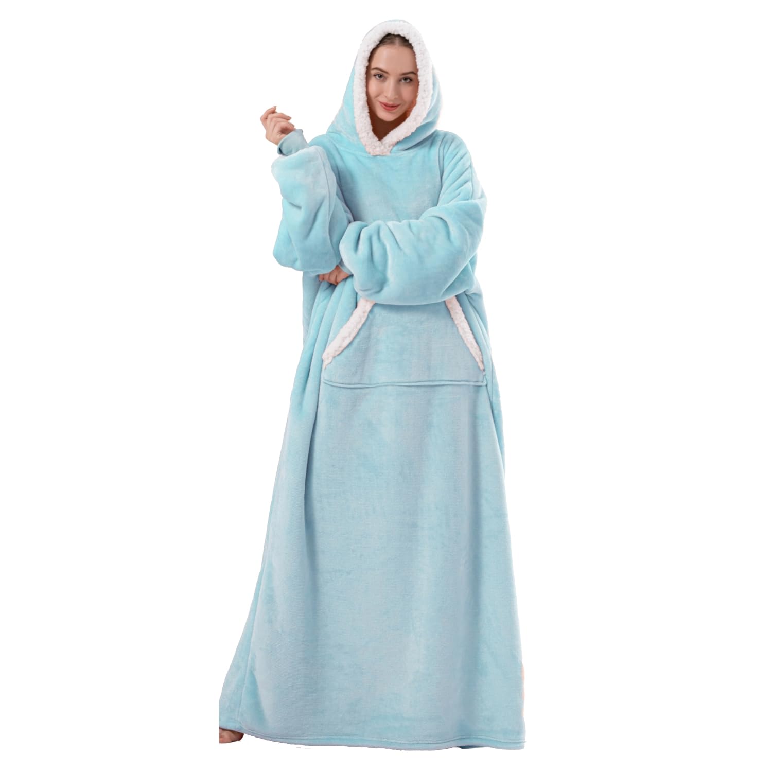 Photo 1 of Sioloc Wearable Blanket Hoodie for Women/Kids/Men, Oversized & Cozy Sherpa Lined Hoodie Sweatshirt Blanket(Baby Blue,Oversized)